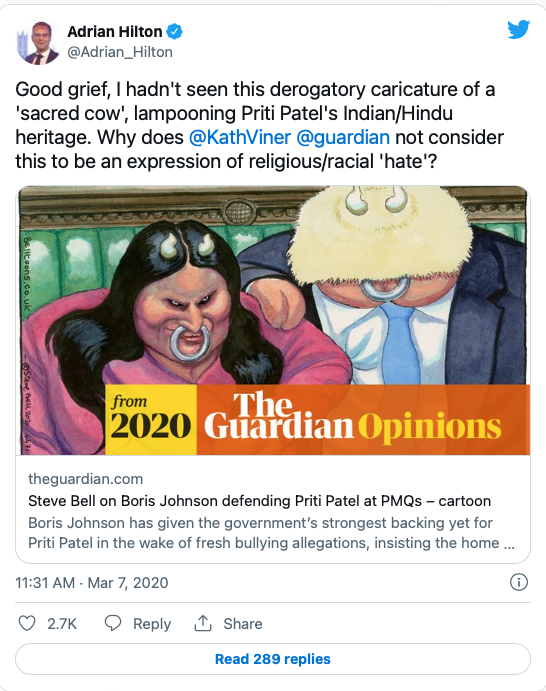 The Guardian has been accused of publishing a racist cartoon that depicts conservative party MP and Home Secretary Priti Patel along with Boris Johnson as bulls, with horns and rings through their noses