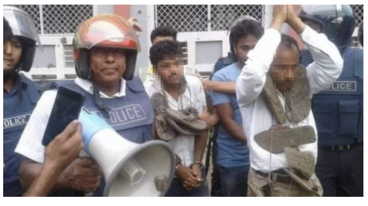 A video showing a Hindu college principal being compelled to wear a garland of shoes has provoked fury on social media in Bangladesh.