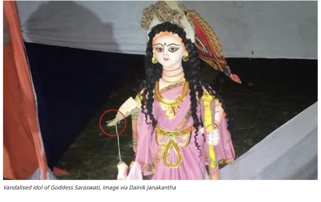 On Thursday (January 26) night, a group of 9-10 Islamists disrupted the Saraswati Puja and vandalised the idol of the Goddess after being told not to click pictures and videos.