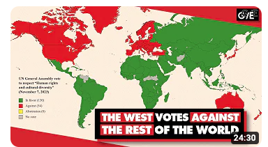 The West voted against the rest of the world on United Nations General Assembly resolutions, opposing democracy, human rights, and cultural diversity, while supporting mercenaries and unilateral coercive measures (sanctions).